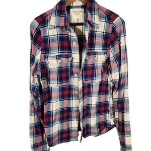 Abercrombie & Fitch Muscle Red Blue Plaid Flannel Long Sleeve Button Up Shirt M